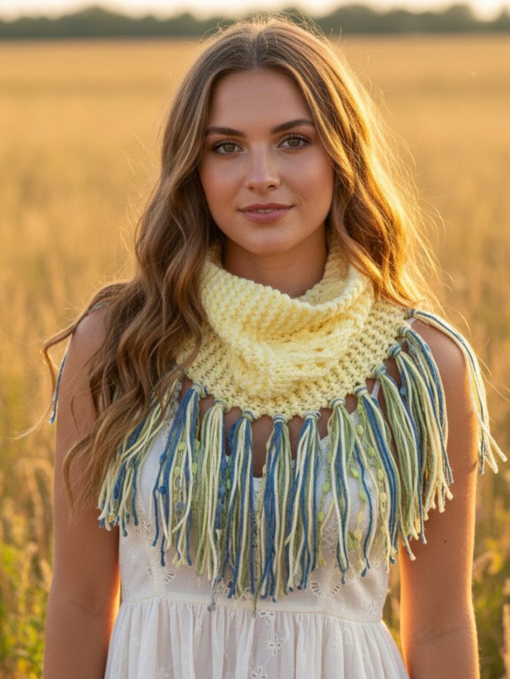 NEW Hand Knitted Yellow Cowl Scarf Fringe Eyelet Artsy Indie Fairy Boho Whimsy